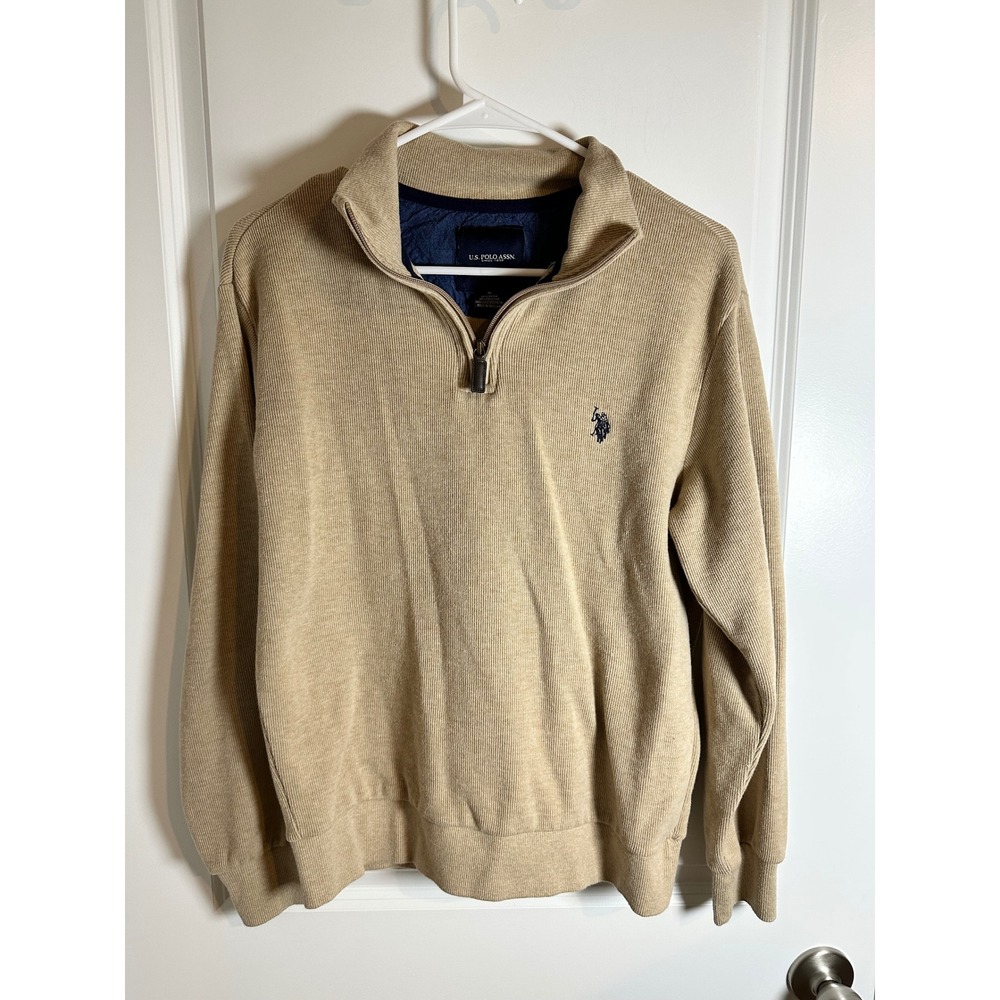 U.S. Polo Assn. Mens Quarter Zip Pullover Sweater Beige Casual Small